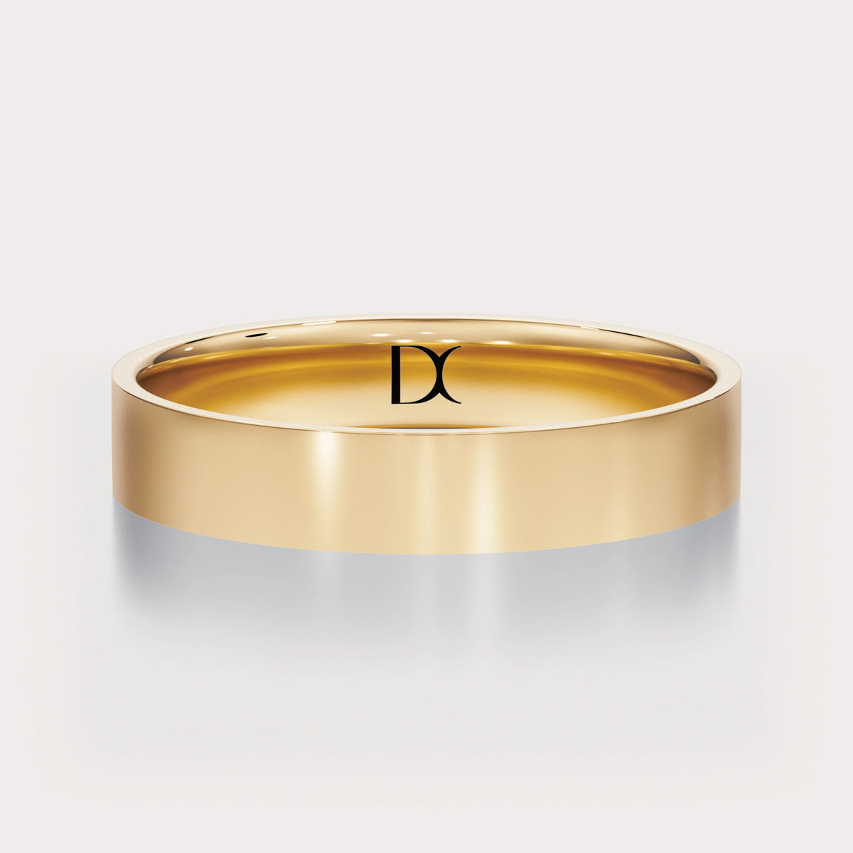 Flat Comfort Fit Wedding Band 4 mm by Dorah in 14k Yellow Gold, side view.