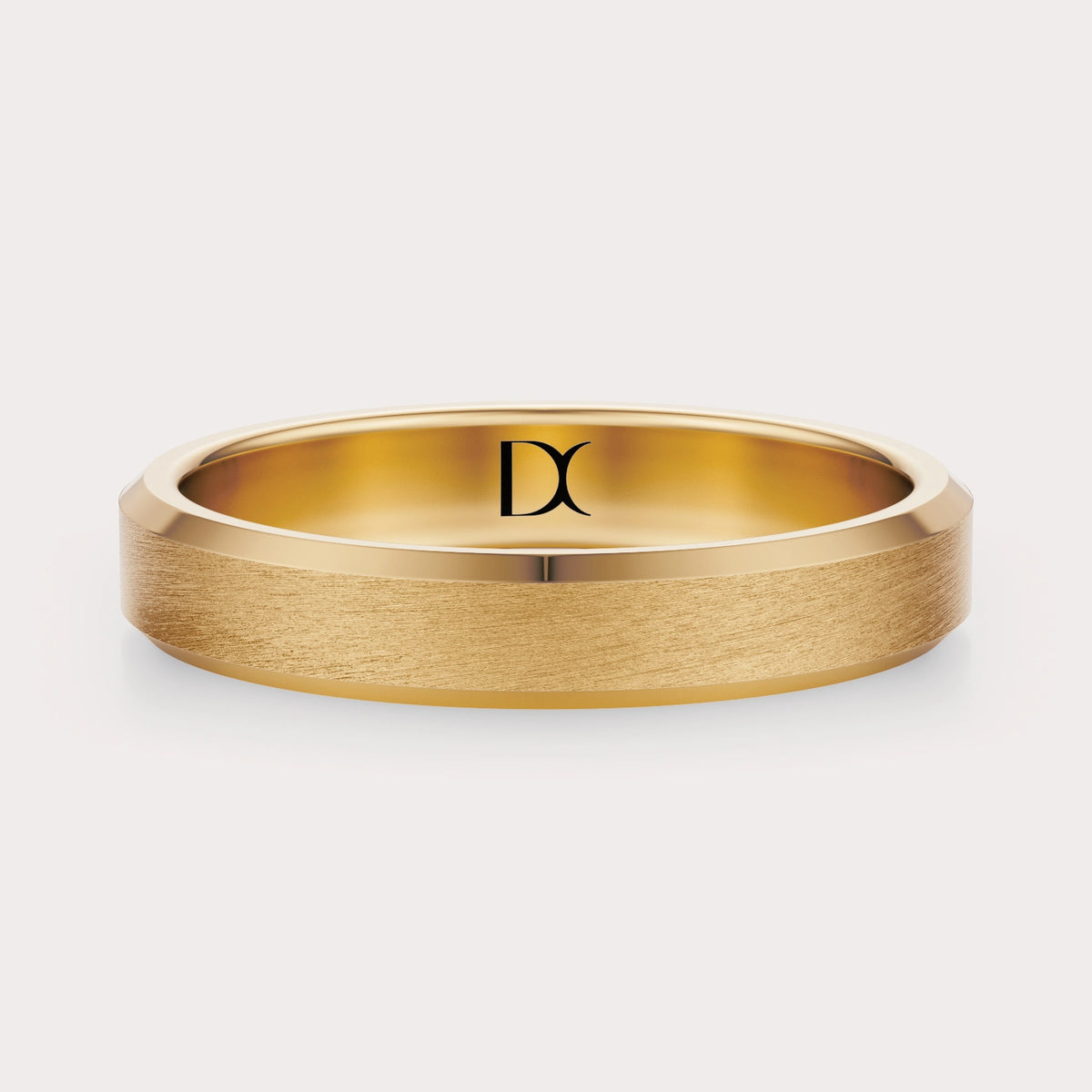 Matte Beveled Wedding Band 4 mm  by Dorah in 14k Yellow Gold, side view.